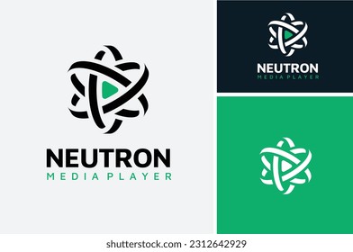 Music Video Clip Play Button with Atom Nucleus Orbit for Science Media Player Apps Icon Logo design