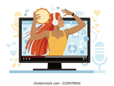Music and video clip streaming concept illustration. A musician or artist makes an online show in an application on a laptop. Live vlog isolated flat vector illustration.
