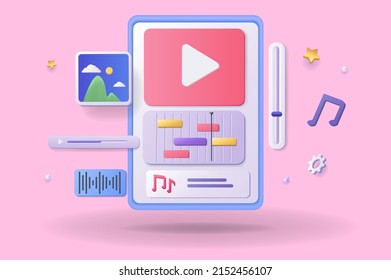 Music video edits concept 3D illustration. Icon composition with display with buttons for cutting video clip, working with audio track, processing content. Vector illustration for modern web design