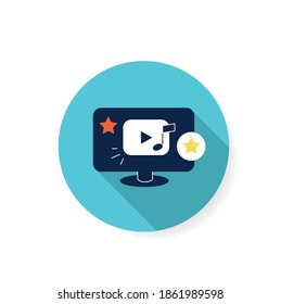 Music video flat icon. Multimedia player sign on computer. Video and audio media content concept. Play button for blog or website. Color vector illustration with shadow 