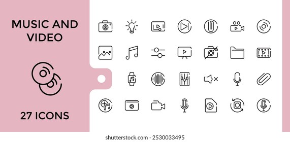 Music and Video Icons set. Flat icon collection. Thin line icons pack. Simple outline icons. Music, song, Play and more. Editable and pixel perfect.