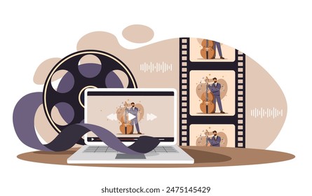 Music video at laptop. Film reel with young guy in suit with double bass performs on stage. Concert of classical music. Musician online. Cartoon flat vector illustration isolated on white background