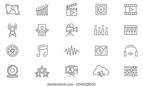 Music and Video line icon set. Cinema, speaker, online, picture, play button, music, streaming, photography, headphones line icon set. UI thin line icon pack.