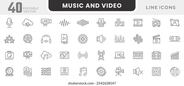 Music and Video line icon set. Cinema, speaker, online, picture, play button, music, streaming, photography, headphones line icon set. UI thin line icon pack.