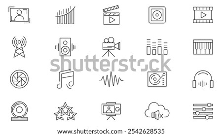 Music and Video line icon set. Cinema, speaker, online, picture, play button, music, streaming, photography, headphones line icon set. UI thin line icon pack.