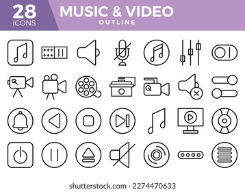 Music and video (outline) icons set.
The collections include for web design ,app design, UI design,business and finance ,network and communications and other.
