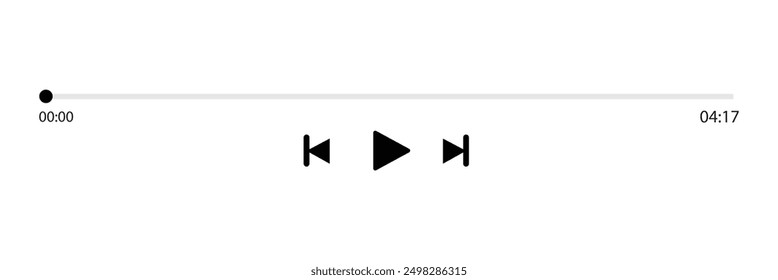 Video Música o icono de la barra de juego en el fondo blanco. Reproductor de audio para canciones o lista de reproducción de podcast. Barra de carga con control deslizante de tiempo, pausa, rebobinado y Botones rápidos hacia adelante. Archivo Eps 46.
