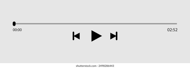 Video Música o icono de la barra de juego sobre fondo gris. Reproductor de audio para canciones o lista de reproducción de podcast. Barra de carga con control deslizante de tiempo, pausa, rebobinado y Botones rápidos hacia adelante. Archivo Eps 42.
