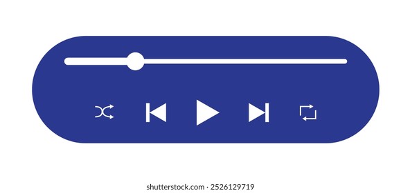 Video Música o icono de la barra de juego en el fondo blanco. Reproductor de audio para canciones o lista de reproducción de podcast. Barra de carga con control deslizante de tiempo, pausa, rebobinado y Botones rápidos hacia adelante.