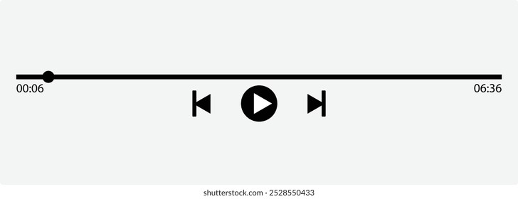 Music or video play bar icon on white background. Audio player for songs or podcast playlist. Loading bar with time slider, Play or pause button. Vector illustration