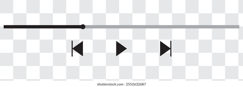 Video Música o icono de la barra de juego en el fondo blanco. Reproductor de audio para canciones o lista de reproducción de podcast. Barra de carga con control deslizante de tiempo, pausa, rebobinado y Botones rápidos hacia adelante.