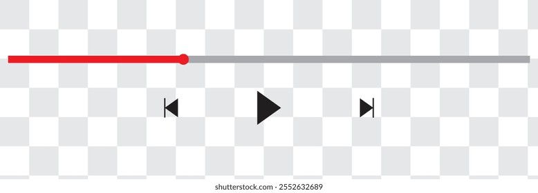 Video Música o icono de la barra de juego en el fondo blanco. Reproductor de audio para canciones o lista de reproducción de podcast. Barra de carga con control deslizante de tiempo, pausa, rebobinado y Botones rápidos hacia adelante.