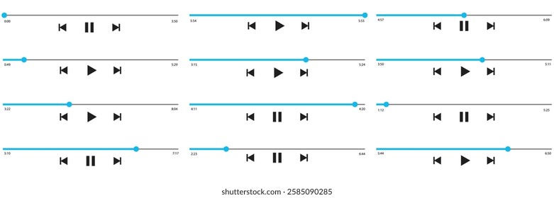 Music or video play bar icon on white background. Audio player for songs or podcast playlist. Loading bar with time slider, pause, rewind and fast forward buttons. 