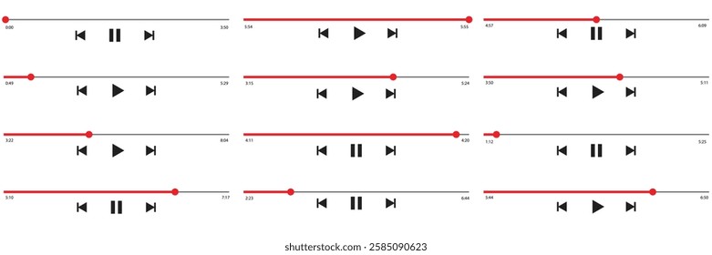 Music or video play bar icon on white background. Audio player for songs or podcast playlist. Loading bar with time slider, pause, rewind and fast forward buttons. 