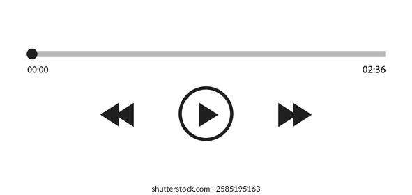 Music or video play bar icon on white background. Audio player for songs or podcast playlist. Loading bar with time slider, pause, rewind and fast forward buttons