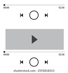 Music or video play bar icon on white background. Audio player for songs or podcast playlist. Loading bar with time slider, pause, rewind and fast forward buttons