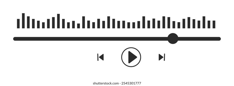 Music or video play interface bar icon, voice record display. Podcast playlist, play button. Song simple equalizer, record.