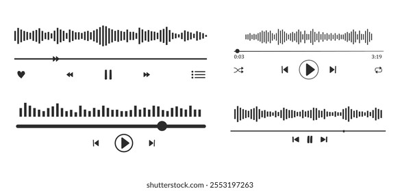 Music or video play interface bar icon, voice record display. Podcast playlist, play button. Song simple equalizer, record.