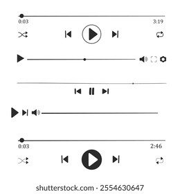 Music or video play interface bar icon, voice record display. Podcast playlist, play button. Song simple equalizer, record.