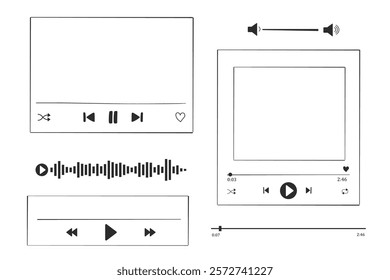 Music or video play interface bar icon, voice record display. Podcast playlist, play button. Song simple equalizer, record.