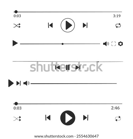 Music or video play interface bar icon, voice record display. Podcast playlist, play button. Song simple equalizer, record.