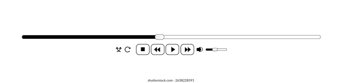Music or video playback interface panel icon, play, rewind, pause buttons sound.