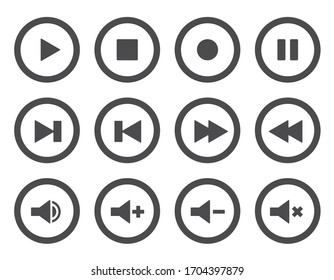 Music Or Video Player Icon Set. Play, Pause, Stop, Record And Next Buttons.