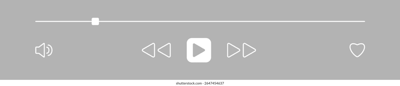 Interface do usuário do player de música ou vídeo. Modelo do elemento com os Botões e a barra de duração da música. Design de interface do usuário para aplicativo e Web. Design com play skip, favorito, sinal de volume. Modelo de reprodução de tela. Modo de luz