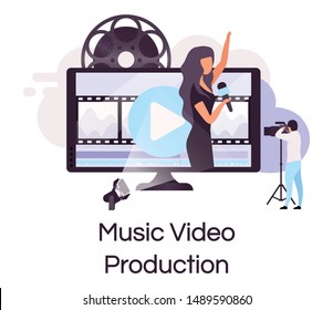 Music video production flat concept icon. Videography and multimedia sticker, clipart. Live concert, performance shooting and broadcasting. Isolated cartoon illustration on white background