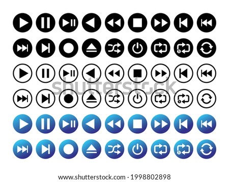 Music Video Record Play Buttons Pause Stop Forward Backward Repeat Round Circle Media Icon Set