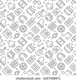 Music and video related seamless pattern with outline icons