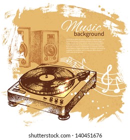 Music vintage background. Hand drawn illustration. Splash blob retro design with turntable