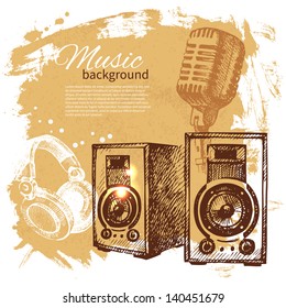 Music Vintage Background. Hand Drawn Illustration. Splash Blob Retro Design With Speakers 