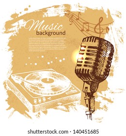 Music Vintage Background. Hand Drawn Illustration. Splash Blob Retro Design With Microphone 