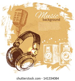 Music Vintage Background. Hand Drawn Illustration. Splash Blob Retro Design With Headphones	