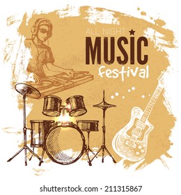 Music vintage background. Splash blob retro design. Music festival poster. Hand drawn sketch vector illustration 