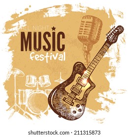 Music vintage background. Splash blob retro design. Music festival poster. Hand drawn sketch vector illustration