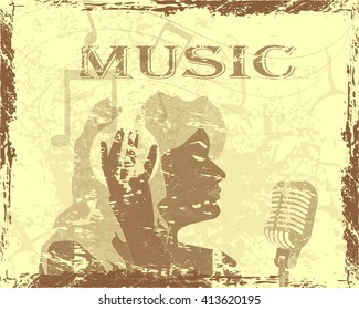 Music vintage background / vector illustration of musical notes, microphone and girl 