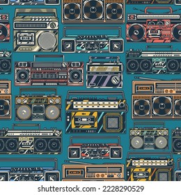 Music vintage colorful seamless pattern cassette recorders for lovers of loud music or disco 80th style vector illustration