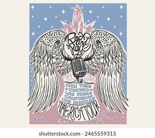 Music vintage design. Eagle wing vector t-shirt design. Freedom music tour. Free spirit vintage artwork. America eagle rock and roll poster design. Music festival artwork. 