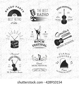 Music vintage retro label and badge. Guitar, violin, harp, gramophone, microphone, hand in rock, drum and drumsticks. Music festival and concert. Music classic, rock, music. Vintage set label, frame