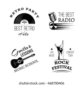 Music vintage retro label and badge. Guitar, vinyl, gramophone, microphone, hand in rock, radio. Music festival and concert. Music classic, rock, music. 