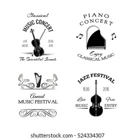 Music vintage retro label and badge. Guitar, Piano. Jazz festival. Double bass. Vector Illustration