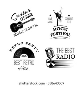 Music vintage retro label and badge. Guitar, violin, harp, gramophone, microphone, hand in rock, drum and drumsticks. Vector illustration