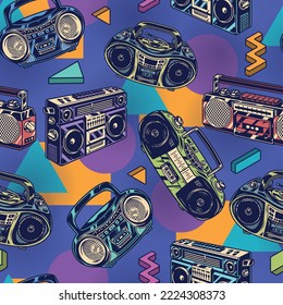 Music vintage seamless pattern colorful media equipment for party or disco with loud audio compositions vector illustration