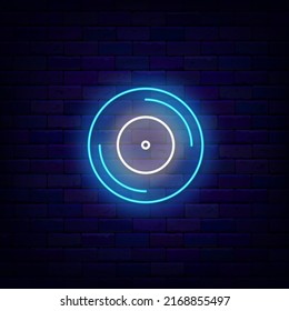 Music vinyl disc neon icon. Music store. Shiny sign on brick wall. Editable stroke. Glowing effect emblem. Vector stock illustration