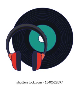 Music vinyl and headphones blue lines