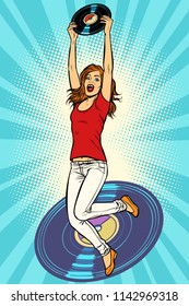 Music and vinyl. Joyful young woman jumping up. Pop art retro vector illustration kitsch vintage