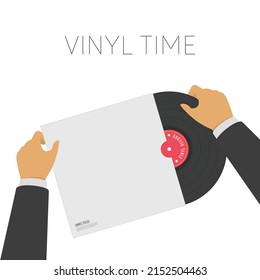 Music Vinyl Record With Cover In Man Hands, Isolated On White Background. Retro Audio Classic Plastic Disc. Vintage Sound Carrier. Vector EPS 10.