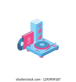 Music Vinyl recorder 3d vector icon isometric pink and blue color minimalism illustrate